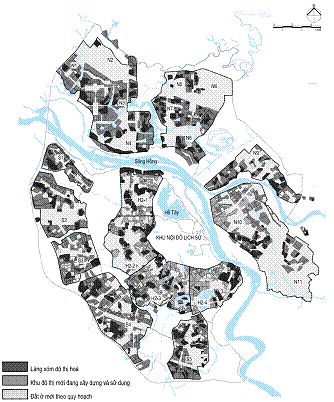 Sơ đồ phân bố các khu ở mới và các làng xóm đô thị hoá tại các khu vực mở rộng TP Hà Nội