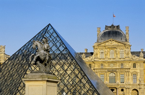 France, Paris, Louvre Museum, Pyramid by the architect Ieoh Ming Pei