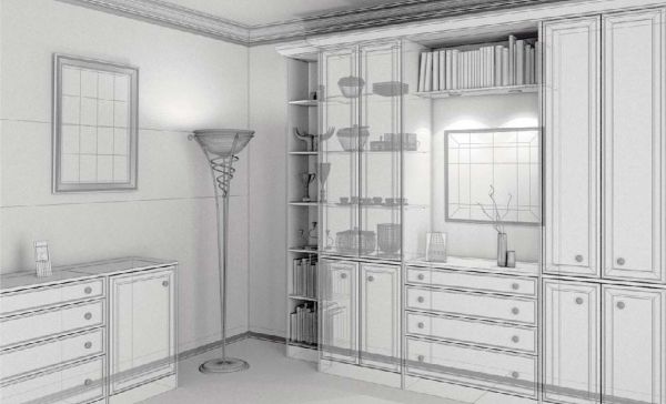 bản vẽ 3d Phòng khách cổ điển với bộ tủ gỗ kết hợp hài hòa