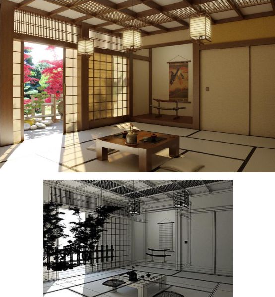 Mẫu thiết kế phòng khách đẹp kiểu Nhật bản đặc trưng với đèn lồng cửa kéo